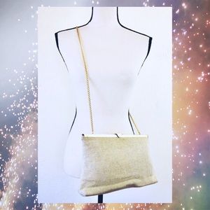 Vintage Crossbody Woven Beige Gold Canvas Metallic Chain Purse Clutch